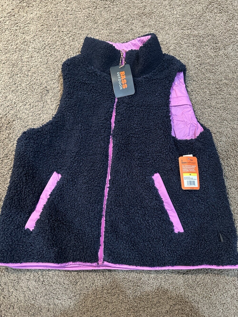 Bass Outdoor Reversible Sherpa Zip Vest NWT Medium Navy/Purple $79 Retail